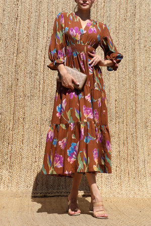 DD8668, Printed V Neck Midi Dress