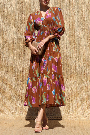 DD8668, Printed V Neck Midi Dress