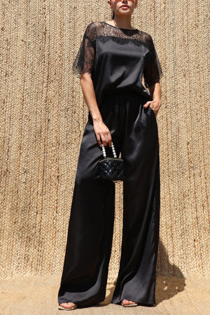 DD8675, Lace Loose Fit Satin Top and Pants Set