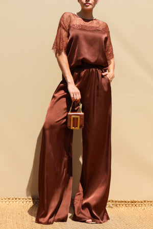DD8675, Lace Loose Fit Satin Top and Pants Set