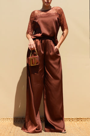 DD8675, Lace Loose Fit Satin Top and Pants Set