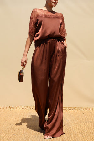 DD8675, Lace Loose Fit Satin Top and Pants Set
