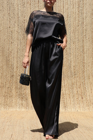 DD8675, Lace Loose Fit Satin Top and Pants Set
