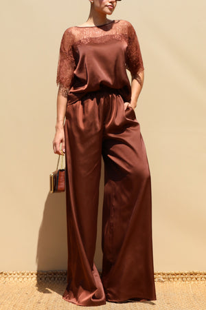DD8675, Lace Loose Fit Satin Top and Pants Set