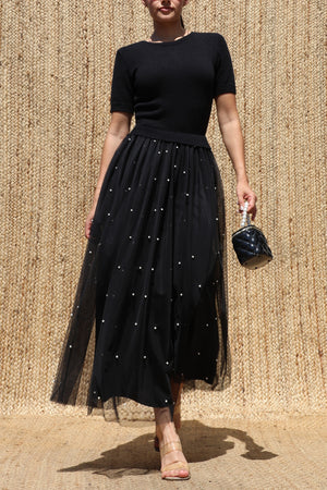 DD8651, Sweater Top Pearl Mesh Midi Dress