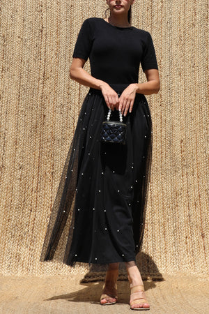 DD8651, Sweater Top Pearl Mesh Midi Dress