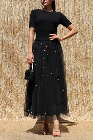 DD8651, Sweater Top Pearl Mesh Midi Dress