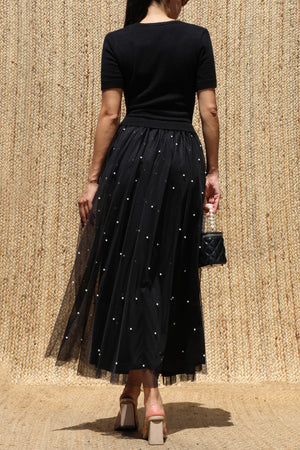 DD8651, Sweater Top Pearl Mesh Midi Dress