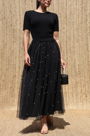 DD8651, Sweater Top Pearl Mesh Midi Dress