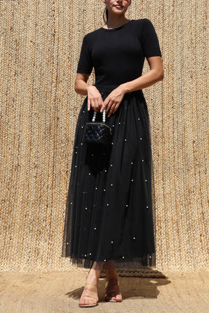 DD8651, Sweater Top Pearl Mesh Midi Dress