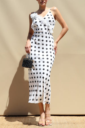DD8488, Polka Dot V Neck Midi Dress