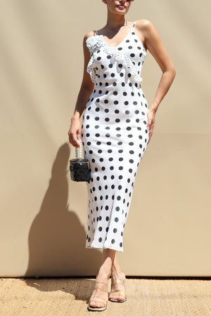 DD8488, Polka Dot V Neck Midi Dress