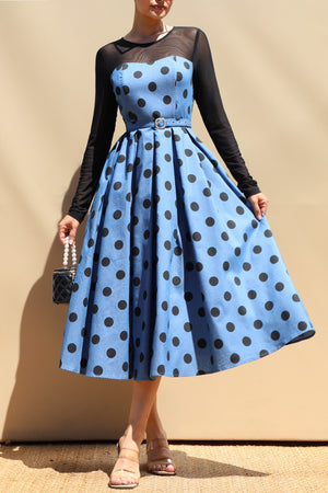 DD8678, Polka Dot Belted Denim Midi Dress