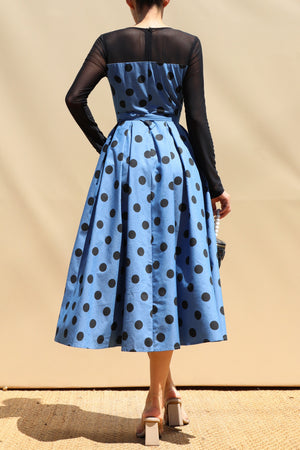 DD8678, Polka Dot Belted Denim Midi Dress