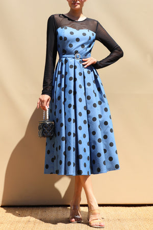 DD8678, Polka Dot Belted Denim Midi Dress