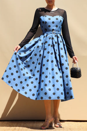 DD8678, Polka Dot Belted Denim Midi Dress