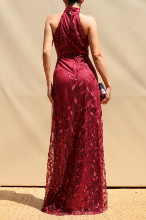 DD8611, Sequin Embroidered Halter Neck Maxi Dress