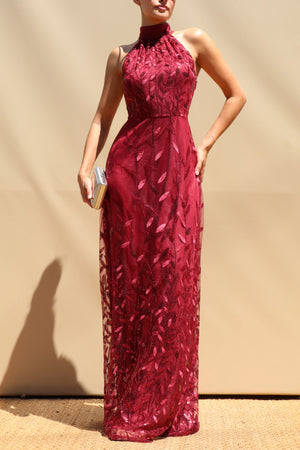 DD8611, Sequin Embroidered Halter Neck Maxi Dress