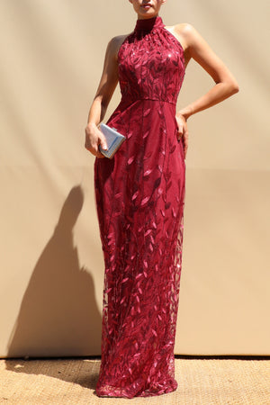DD8611, Sequin Embroidered Halter Neck Maxi Dress