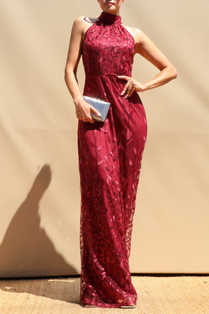 DD8611, Sequin Embroidered Halter Neck Maxi Dress