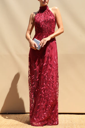 DD8611, Sequin Embroidered Halter Neck Maxi Dress