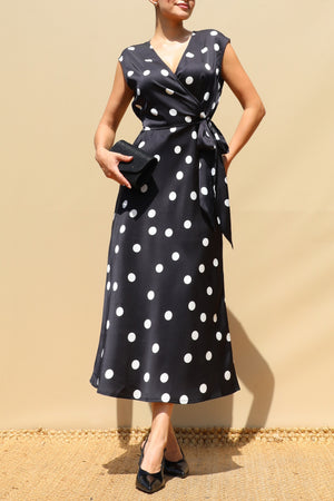 DD8586, Polka Dot V Neck Satin Midi Dress