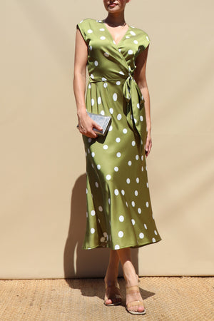 DD8586, Polka Dot V Neck Satin Midi Dress