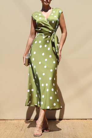 DD8586, Polka Dot V Neck Satin Midi Dress