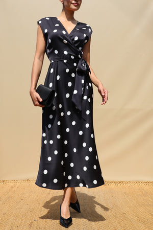 DD8586, Polka Dot V Neck Satin Midi Dress