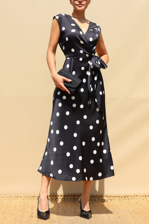 DD8586, Polka Dot V Neck Satin Midi Dress