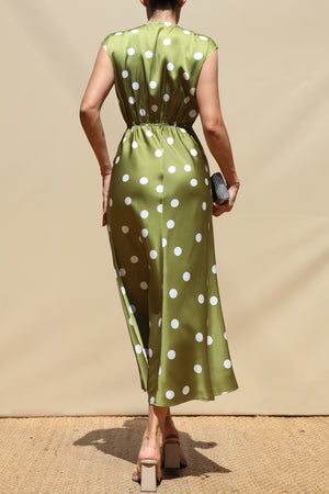 DD8586, Polka Dot V Neck Satin Midi Dress