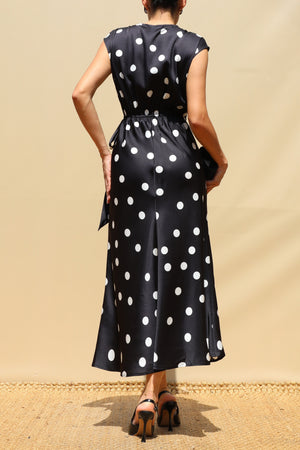 DD8586, Polka Dot V Neck Satin Midi Dress