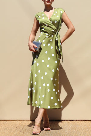 DD8586, Polka Dot V Neck Satin Midi Dress
