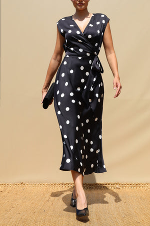 DD8586, Polka Dot V Neck Satin Midi Dress