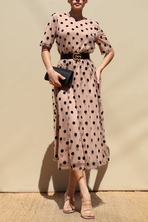DD8654, Polka Dot Loose Fit Mesh Midi Dress