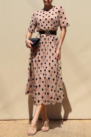 DD8654, Polka Dot Loose Fit Mesh Midi Dress