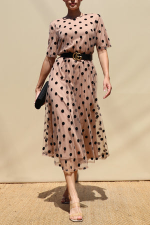 DD8654, Polka Dot Loose Fit Mesh Midi Dress