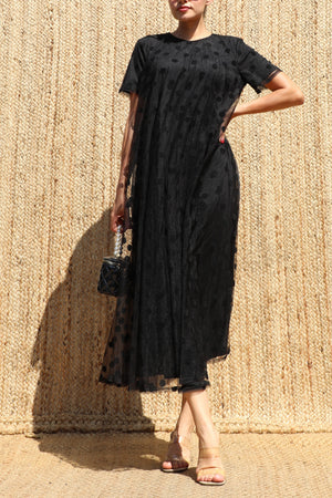 DD8654, Polka Dot Loose Fit Mesh Midi Dress