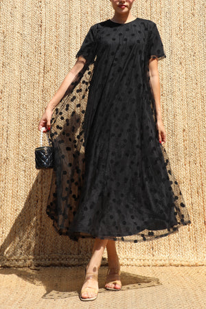 DD8654, Polka Dot Loose Fit Mesh Midi Dress