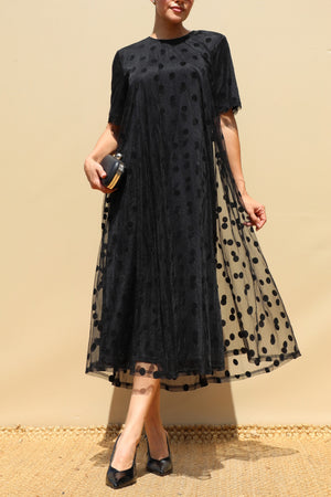DD8654, Polka Dot Loose Fit Mesh Midi Dress