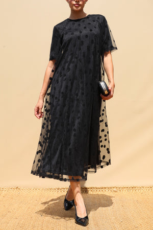 DD8654, Polka Dot Loose Fit Mesh Midi Dress