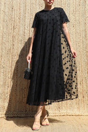 DD8654, Polka Dot Loose Fit Mesh Midi Dress