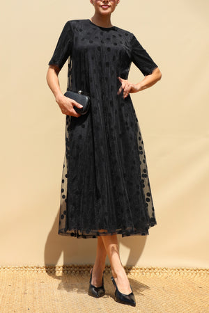 DD8654, Polka Dot Loose Fit Mesh Midi Dress