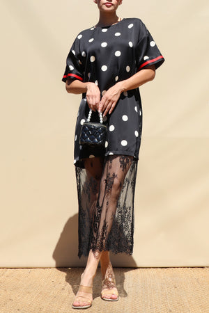 DD8735, Polka Dot Loose Fit Satin Midi Dress