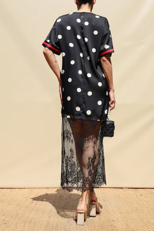DD8735, Polka Dot Loose Fit Satin Midi Dress