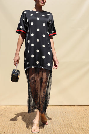 DD8735, Polka Dot Loose Fit Satin Midi Dress
