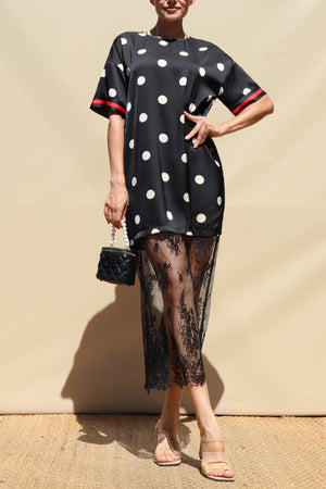 DD8735, Polka Dot Loose Fit Satin Midi Dress