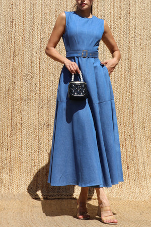 DD8680, Vintage Washed Denim Belted Midi Dress