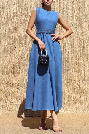 DD8680, Vintage Washed Denim Belted Midi Dress
