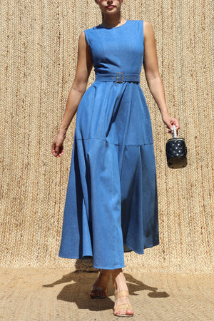 DD8680, Vintage Washed Denim Belted Midi Dress
